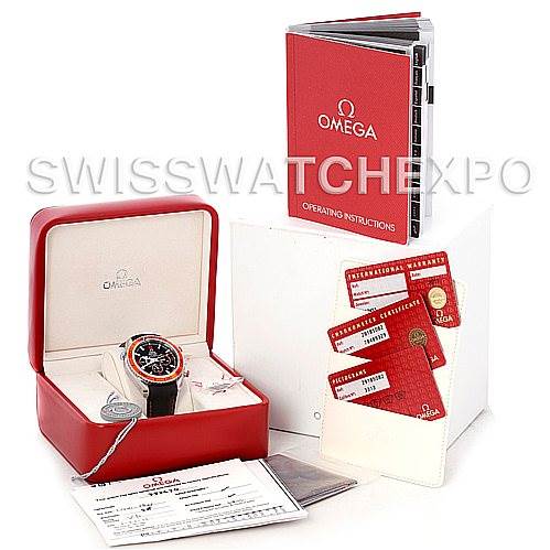 The Omega Planet Ocean 2918.50.82 Men's Stainless Steel Black Dial 2918.50.82 Men's Stainless Steel Black Dial watch is shown at an angle to display its face, accompanied by a box, manuals, and warranty cards.