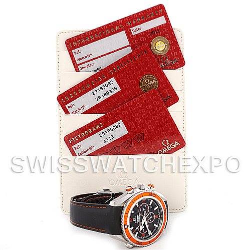 The image shows an Omega Planet Ocean 2918.50.82 Men's Stainless Steel Black Dial 2918.50.82 Men's Stainless Steel Black Dial watch along with its warranty cards and a white card holder.