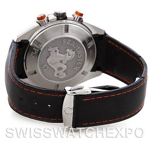 The image shows the back case and leather strap with orange stitching of the Omega Planet Ocean 2918.50.82 Men's Stainless Steel Black Dial 2918.50.82 Men's Stainless Steel Black Dial watch, including the clasp and pushers.
