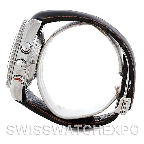 The image shows a side angle view of the Omega Planet Ocean 2918.50.82 Men's Stainless Steel Black Dial 2918.50.82 Men's Stainless Steel Black Dial watch highlighting its crown, pushers, and leather strap.