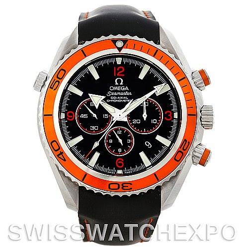 The image shows a front view of the Omega Planet Ocean 2918.50.82 Men's Stainless Steel Black Dial 2918.50.82 Men's Stainless Steel Black Dial watch, highlighting its black and orange bezel, dial, and chronograph features.