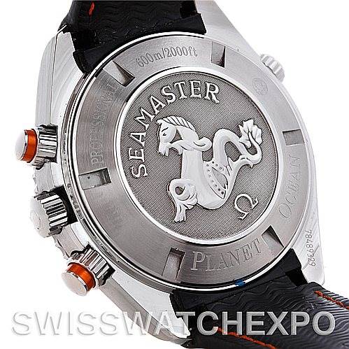 The image shows the case back and part of the side of the Omega Planet Ocean 2918.50.82 Men's Stainless Steel Black Dial 2918.50.82 Men's Stainless Steel Black Dial watch, displaying the Seamaster engraving.