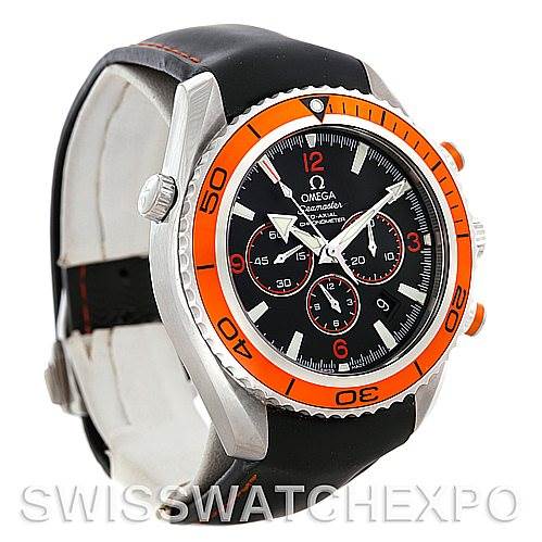 The image shows a side and front angle of an Omega Planet Ocean 2918.50.82 Men's Stainless Steel Black Dial 2918.50.82 Men's Stainless Steel Black Dial watch, highlighting its bezel, face, and strap.