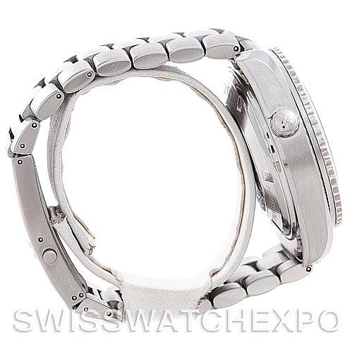 The image shows a side profile view of the Omega Planet Ocean 2210.50.00 Men
s Stainless Steel Black Dial 2210.50.00 Men
s Stainless Steel Black Dial watch, highlighting the bracelet, case, and crown.