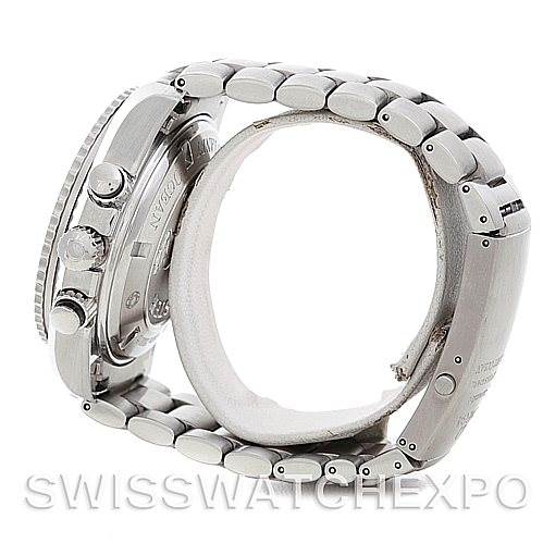 The image shows a side view of the Omega Planet Ocean 2210.50.00 Men
s Stainless Steel Black Dial 2210.50.00 Men
s Stainless Steel Black Dial watch, highlighting the bracelet, case, and chronograph pushers.