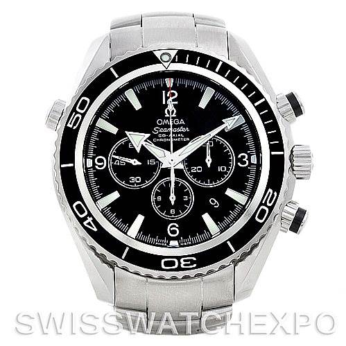 The Omega Planet Ocean 2210.50.00 Men
s Stainless Steel Black Dial 2210.50.00 Men
s Stainless Steel Black Dial model watch is shown from a front angle, displaying the bezel, dial, and three subdials.