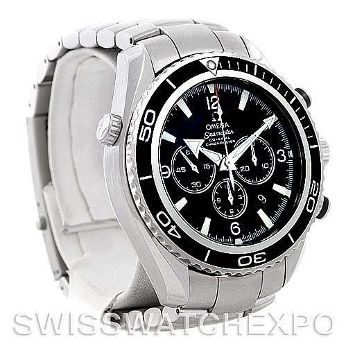 The Omega Planet Ocean 2210.50.00 Men
s Stainless Steel Black Dial 2210.50.00 Men
s Stainless Steel Black Dial watch is shown from a front-left angle, highlighting its bezel, dial, crown, and part of the bracelet.