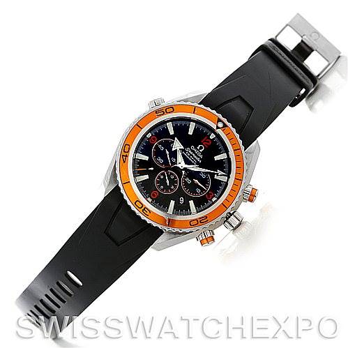 The image shows an Omega Planet Ocean 2918.50.91 Men's Stainless Steel Black Dial 2918.50.91 Men's Stainless Steel Black Dial watch at a slight angle, featuring its black strap, orange bezel, and chronograph dial.