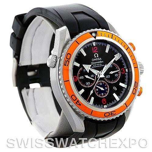 The image shows a side and front angle of the Omega Planet Ocean 2918.50.91 Men's Stainless Steel Black Dial 2918.50.91 Men's Stainless Steel Black Dial watch with an orange bezel and black rubber strap.