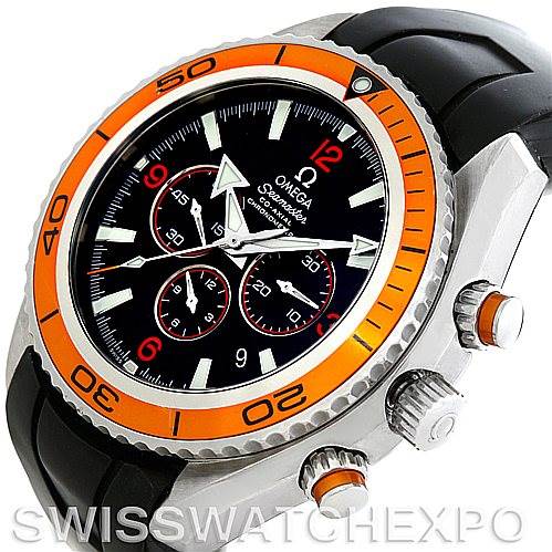 This Omega Planet Ocean 2918.50.91 Men's Stainless Steel Black Dial 2918.50.91 Men's Stainless Steel Black Dial watch is shown at an angle displaying the face, bezel, crown, pushers, and part of the strap.