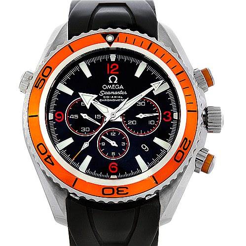 The Omega Planet Ocean 2918.50.91 Men's Stainless Steel Black Dial 2918.50.91 Men's Stainless Steel Black Dial model watch is shown from a front angle, displaying the face, bezel, and the chronograph buttons.