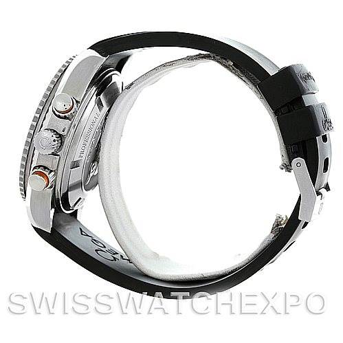 This side-view image of the Omega Planet Ocean 2918.50.91 Men's Stainless Steel Black Dial 2918.50.91 Men's Stainless Steel Black Dial watch shows the crown, pushers, bezel, and part of the strap.