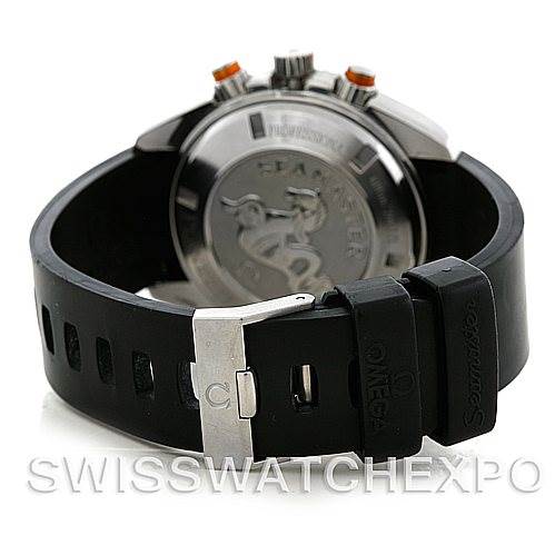 This image shows the back view of an Omega Planet Ocean 2918.50.91 Men's Stainless Steel Black Dial 2918.50.91 Men's Stainless Steel Black Dial watch, highlighting the case back and black rubber strap with a clasp.