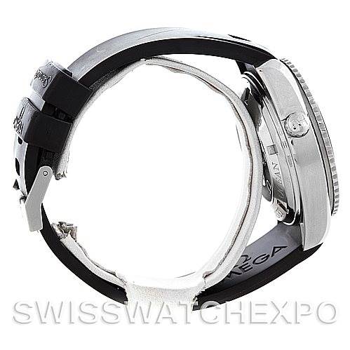 This side view of the Omega Planet Ocean 2918.50.91 Men's Stainless Steel Black Dial 2918.50.91 Men's Stainless Steel Black Dial model showcases the case, bezel, crown, and strap.