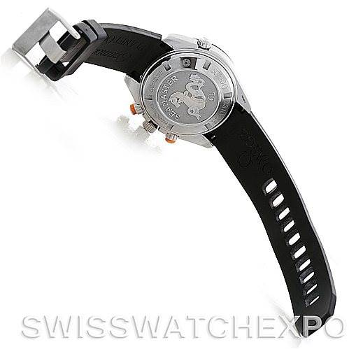 The image shows the back and side of an Omega Planet Ocean 2918.50.91 Men's Stainless Steel Black Dial 2918.50.91 Men's Stainless Steel Black Dial watch, highlighting the case back, strap, and buckle.