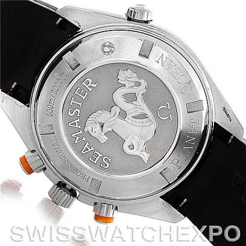 The image shows the back case of an Omega Planet Ocean 2918.50.91 Men's Stainless Steel Black Dial 2918.50.91 Men's Stainless Steel Black Dial model watch, highlighting the "Seamaster" engraving.