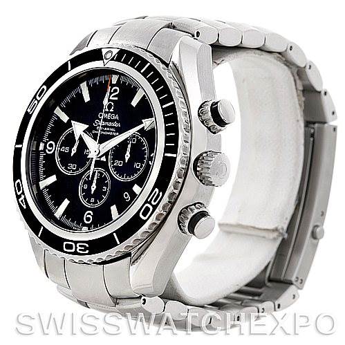 The image shows the Omega Planet Ocean 2210.50.00 Men's Stainless Steel Black Dial 2210.50.00 Men's Stainless Steel Black Dial watch from a right-angle view, highlighting the bezel, crown, pushers, and part of the bracelet.