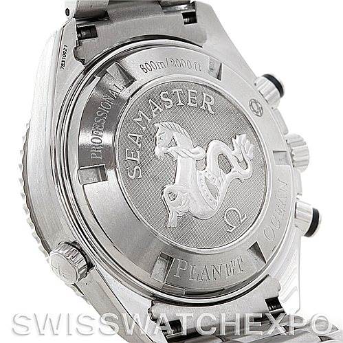 The image shows the back view of the Omega Seamaster Planet Ocean watch, focusing on the case back and engraved details.