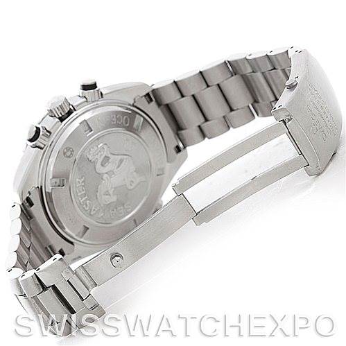 This image shows the back and partially open clasp of the Omega Planet Ocean 2210.50.00 Men's Stainless Steel Black Dial 2210.50.00 Men's Stainless Steel Black Dial watch, highlighting the engraved case back and polished bracelet.