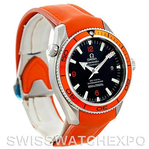 The image shows a side view of the Omega Planet Ocean 2909.50.83 Men
s Stainless Steel Black Dial 2909.50.83 Men
s Stainless Steel Black Dial watch, highlighting the orange bezel and strap, and the dial details.