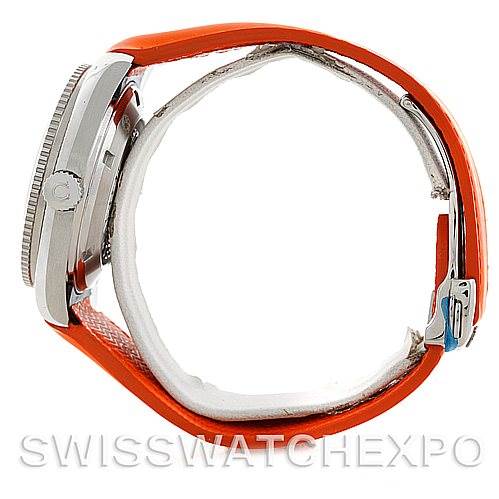 The image shows a side view of an Omega Planet Ocean 2909.50.83 Men
s Stainless Steel Black Dial 2909.50.83 Men
s Stainless Steel Black Dial watch with an orange strap and visible crown and clasp.