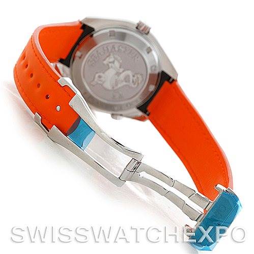 The image shows the back and clasp of the Omega Planet Ocean 2909.50.83 Men
s Stainless Steel Black Dial 2909.50.83 Men
s Stainless Steel Black Dial watch with an orange rubber strap.