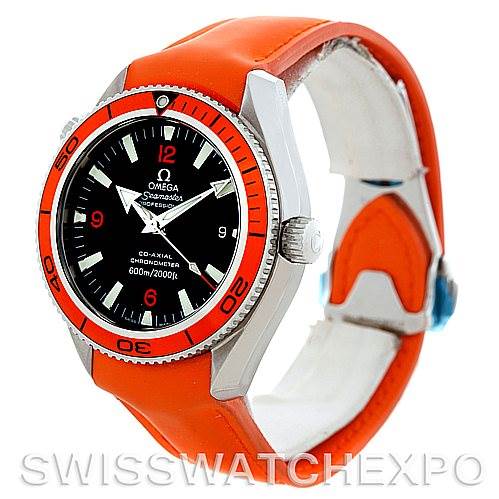 This image shows a front and slightly angled view of an Omega Planet Ocean 2909.50.83 Men
s Stainless Steel Black Dial 2909.50.83 Men
s Stainless Steel Black Dial watch, highlighting its orange bezel and strap.