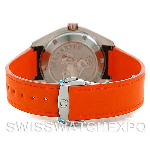 The image shows the back view of an Omega Planet Ocean 2909.50.83 Men
s Stainless Steel Black Dial 2909.50.83 Men
s Stainless Steel Black Dial watch with an orange strap and visible clasp.