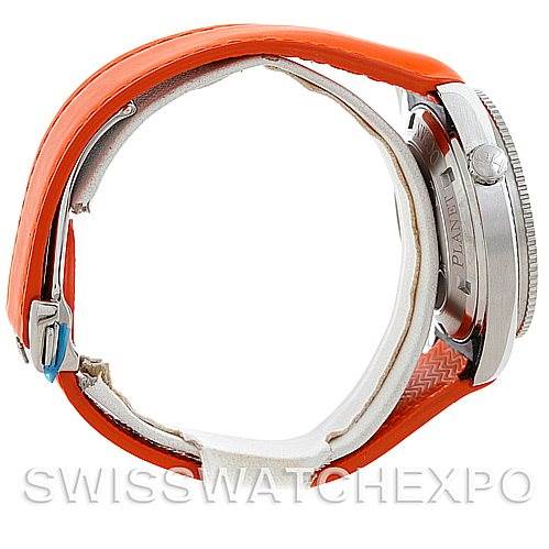 Side view of the Omega Planet Ocean 2909.50.83 Men
s Stainless Steel Black Dial 2909.50.83 Men
s Stainless Steel Black Dial watch showing the case, crown, and orange strap.