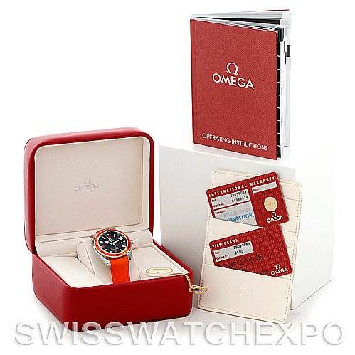 The image shows an Omega Planet Ocean 2909.50.83 Men
s Stainless Steel Black Dial 2909.50.83 Men
s Stainless Steel Black Dial watch in its box, accompanied by a warranty card and an operating instructions booklet.