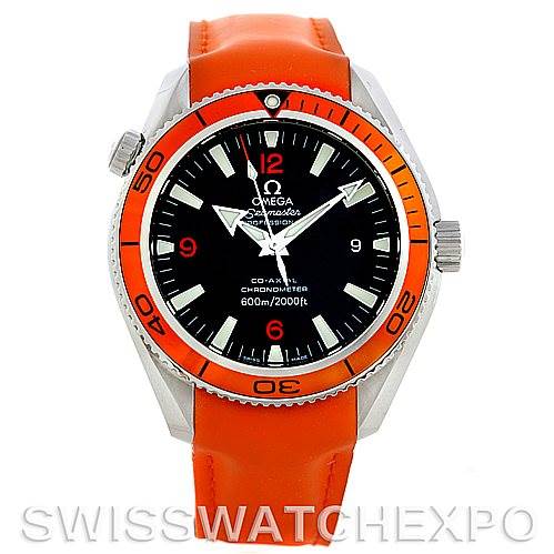 This is a front view of the Omega Planet Ocean 2909.50.83 Men
s Stainless Steel Black Dial 2909.50.83 Men
s Stainless Steel Black Dial watch, showing its orange bezel, black dial, and orange strap.