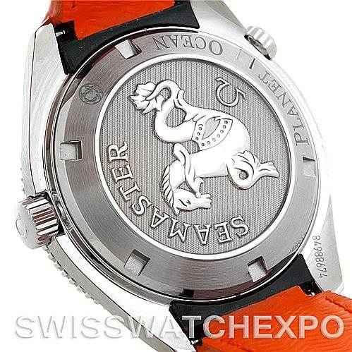 The image shows the case back of the Omega Planet Ocean 2909.50.83 Men
s Stainless Steel Black Dial 2909.50.83 Men
s Stainless Steel Black Dial watch, emphasizing the Seamaster logo and engravings.