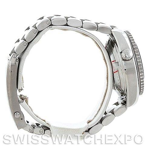 The image shows a side view of the Omega Planet Ocean 22230385001001 Stainless Steel Black Dial 22230385001001 Stainless Steel Black Dial model watch, focusing on the bracelet, case, and crown.