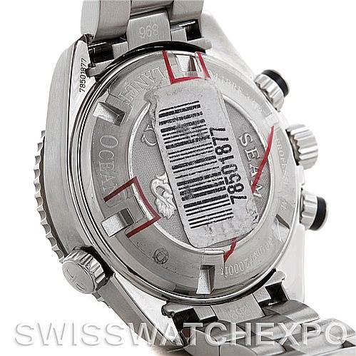 This image shows the back of the Omega Planet Ocean 22230385001001 Stainless Steel Black Dial 22230385001001 Stainless Steel Black Dial watch, highlighting the case back, bracelet, and crown.