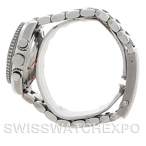 This image shows a side view of the Omega Planet Ocean 22230385001001 Stainless Steel Black Dial 22230385001001 Stainless Steel Black Dial watch, highlighting the metal bracelet and case profile.