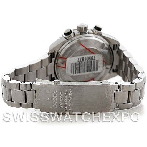 This image shows the rear view of an Omega Planet Ocean 22230385001001 Stainless Steel Black Dial 22230385001001 Stainless Steel Black Dial watch, highlighting the bracelet, clasp, and case back.