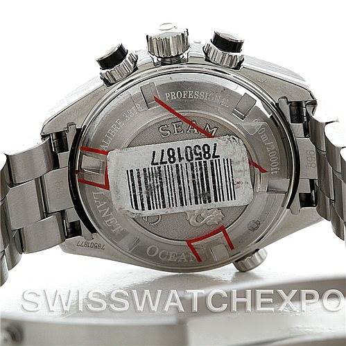 The image shows the back case and part of the bracelet of an Omega Planet Ocean 22230385001001 Stainless Steel Black Dial 22230385001001 Stainless Steel Black Dial watch, highlighting its stainless steel construction.