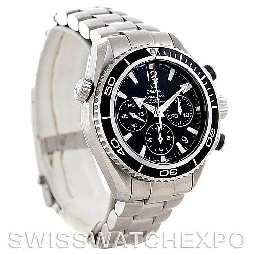 The Omega Planet Ocean 22230385001001 Stainless Steel Black Dial 22230385001001 Stainless Steel Black Dial watch is shown at an angled view displaying its face, bezel, crown, and metal bracelet.