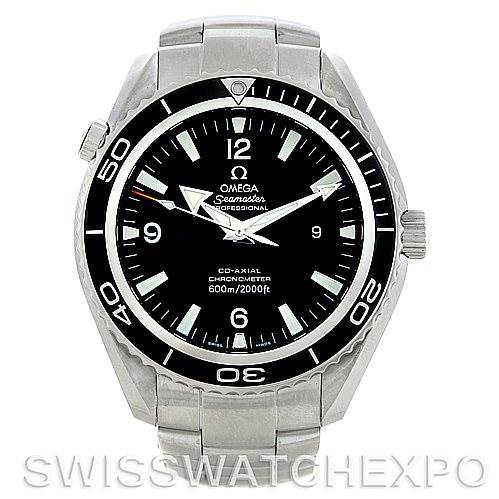 The image shows a front view of the Omega Planet Ocean 2200.50.00 Men's Stainless Steel Black Dial 2200.50.00 Men's Stainless Steel Black Dial watch, highlighting the dial, bezel, and bracelet.