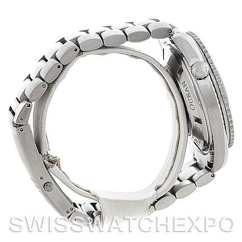 The image shows a side view of the Omega Planet Ocean 2200.50.00 Men's Stainless Steel Black Dial 2200.50.00 Men's Stainless Steel Black Dial watch focusing on the bracelet, case, and crown.