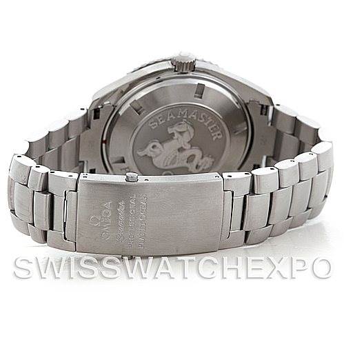 The image shows the back and bracelet of the Omega Planet Ocean 2200.50.00 Men's Stainless Steel Black Dial 2200.50.00 Men's Stainless Steel Black Dial watch, specifically the clasp and caseback.