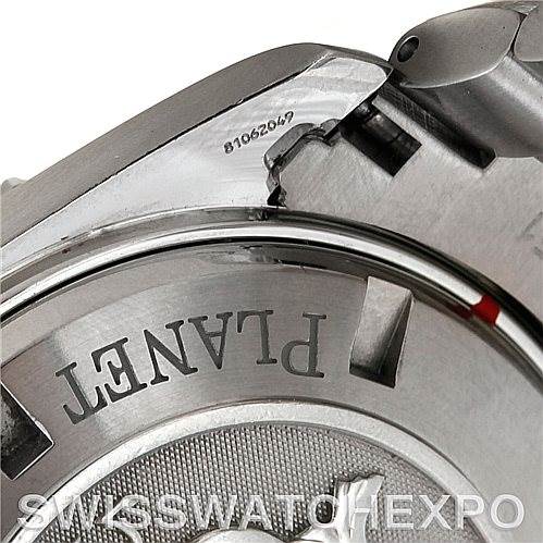 This image shows a close-up of the back case and bracelet link of the Omega Planet Ocean 2200.50.00 Men's Stainless Steel Black Dial 2200.50.00 Men's Stainless Steel Black Dial watch, highlighting the model name and part of the serial number.