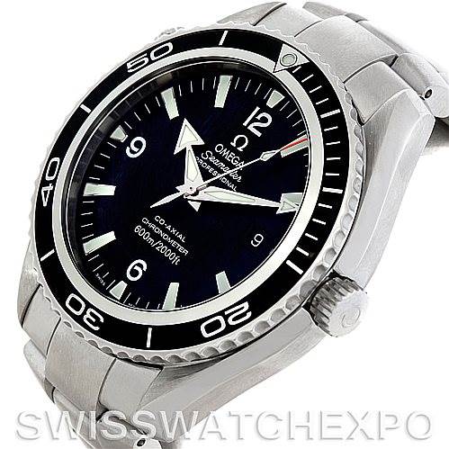 The image shows the Omega Planet Ocean 2200.50.00 Men's Stainless Steel Black Dial 2200.50.00 Men's Stainless Steel Black Dial watch at an angle, highlighting the face, bezel, crown, and part of the bracelet.