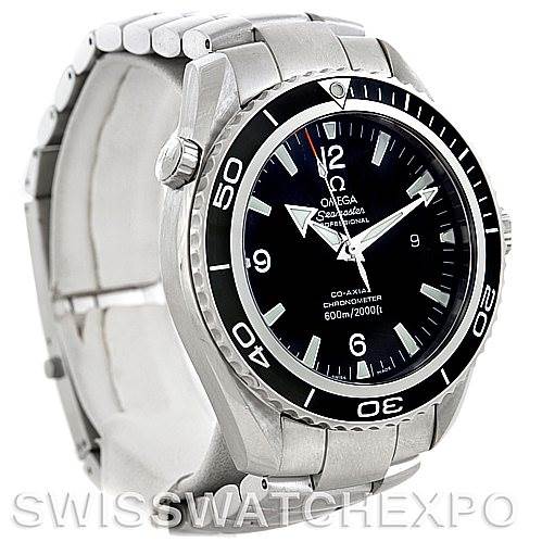 This image shows an Omega Planet Ocean 2200.50.00 Men's Stainless Steel Black Dial 2200.50.00 Men's Stainless Steel Black Dial watch at a three-quarter angle, highlighting the bezel, dial, bracelet, and crown.