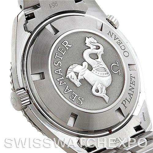 The image shows the back case of an Omega Planet Ocean 2200.50.00 Men's Stainless Steel Black Dial 2200.50.00 Men's Stainless Steel Black Dial watch, highlighting the "Seamaster" engraving and logo.