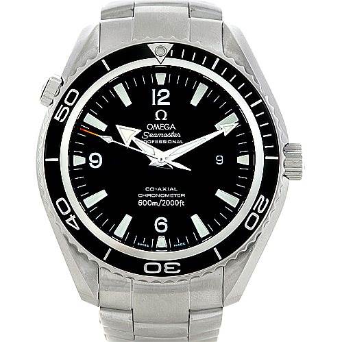 The image shows a front view of the Omega Planet Ocean 2200.50.00 Men's Stainless Steel Black Dial 2200.50.00 Men's Stainless Steel Black Dial watch, highlighting the face, bezel, and bracelet.