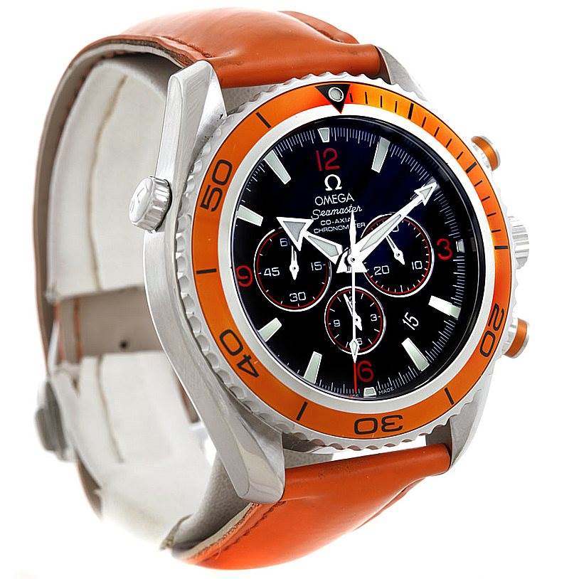 The image shows an Omega Planet Ocean 2918.50.83 Men's Stainless Steel Black Dial 2918.50.83 Men's Stainless Steel Black Dial watch from an angled view, highlighting the face, bezel, and part of the strap.