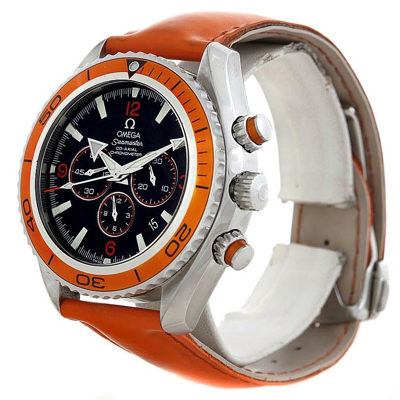 The image shows a three-quarter angle view of the Omega Planet Ocean 2918.50.83 Men's Stainless Steel Black Dial 2918.50.83 Men's Stainless Steel Black Dial watch, highlighting the dial, bezel, and crown.