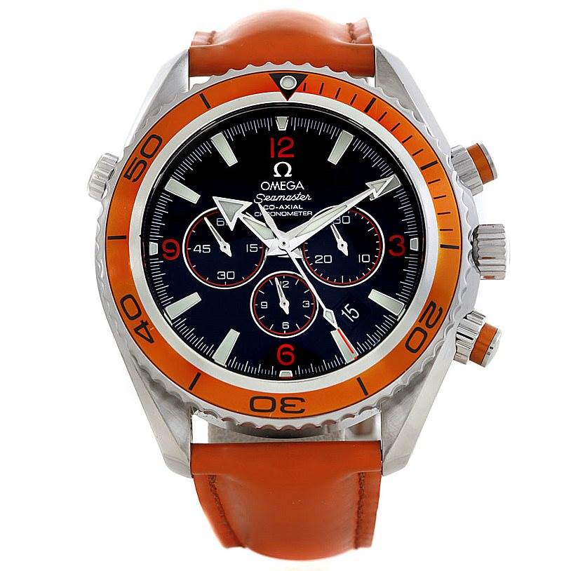 The Omega Planet Ocean 2918.50.83 Men's Stainless Steel Black Dial 2918.50.83 Men's Stainless Steel Black Dial watch is shown from a front angle, highlighting its dial, bezel, and orange strap.