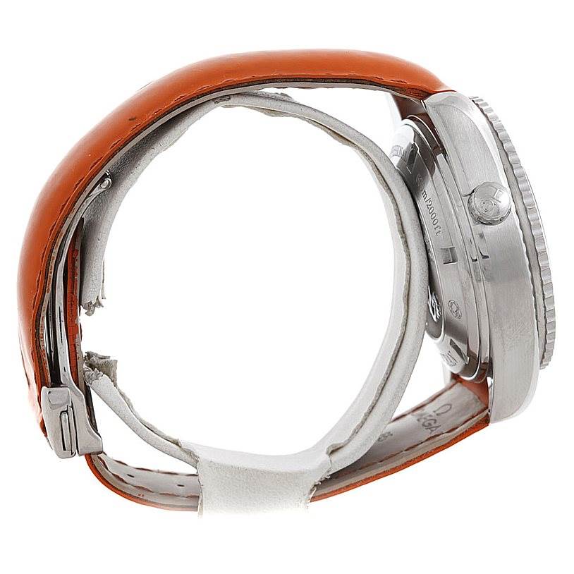 The image shows the Omega Planet Ocean 2918.50.83 Men's Stainless Steel Black Dial 2918.50.83 Men's Stainless Steel Black Dial watch from the side angle, highlighting its orange strap and stainless steel case.